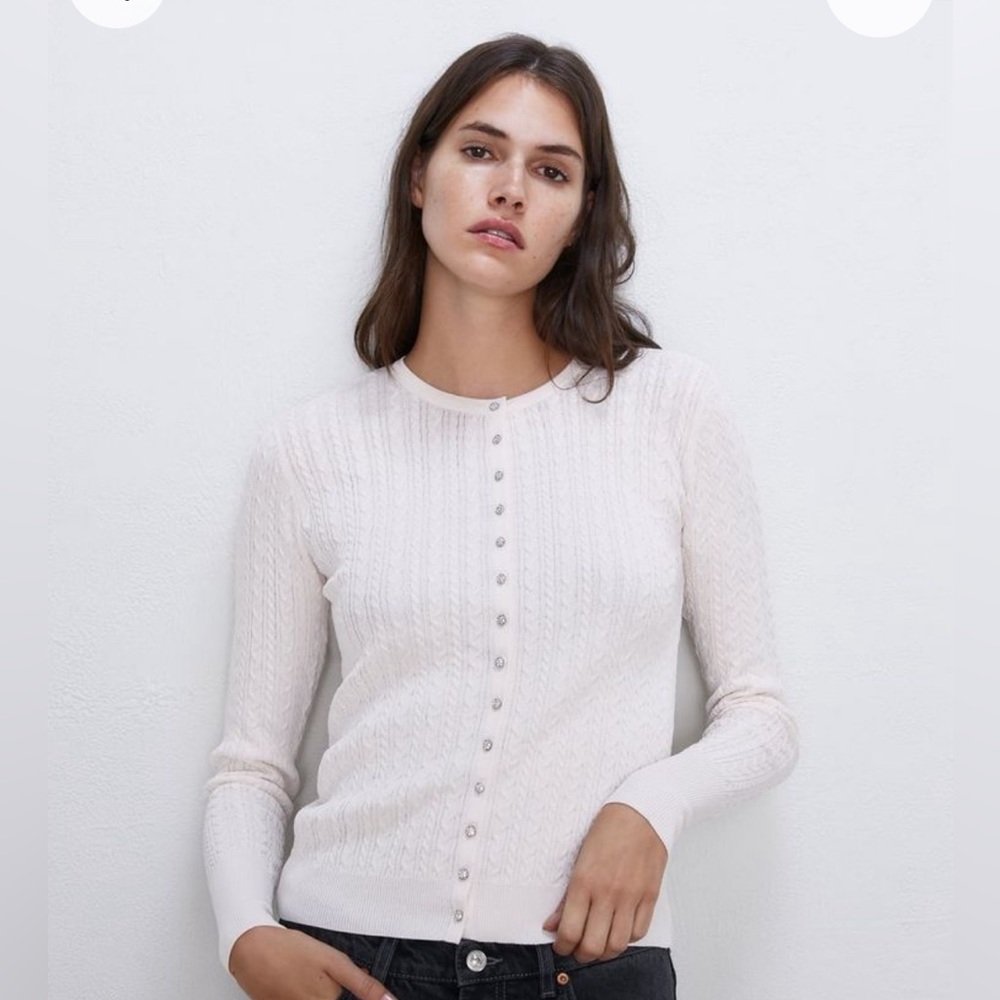 Zara cable textured cardigan bejeweled buttons jacket